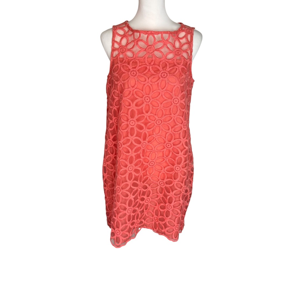 Mud Pie Coral Floral Eyelet Lace Sleeveless‎ Shift Dress Womens Large Summer